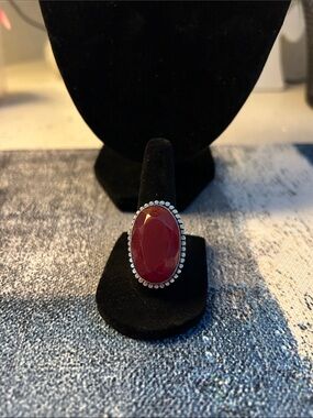 Sterling Silver Red Simulated Ruby Gemstone Oval Ring Size 8